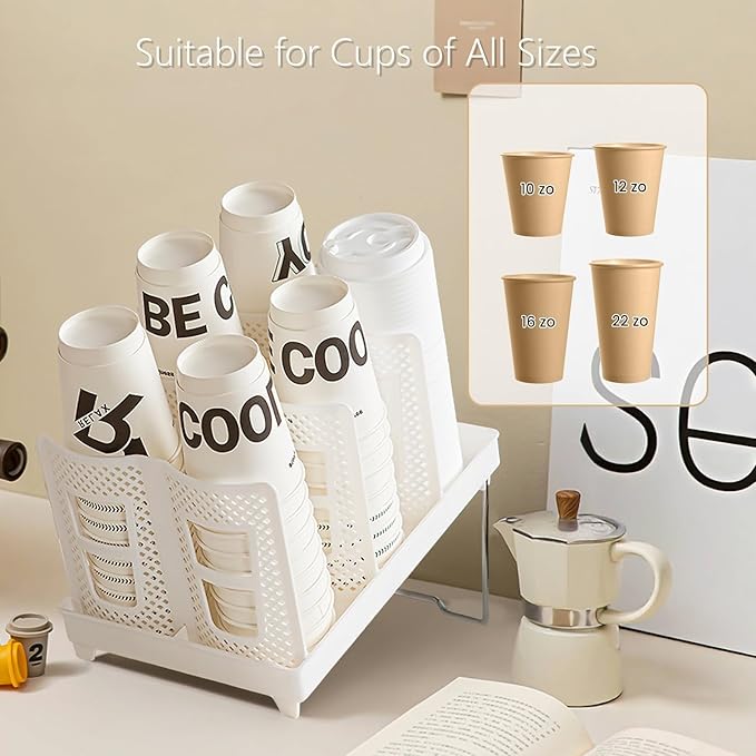 Paper Cup Dispenser, Cup and Lid Holder with 6 Slots, Disposable Coffee Cup Storage Organizer for Countertop, Office, Home, Breakroom, Restaurant, Coffee Station (White)