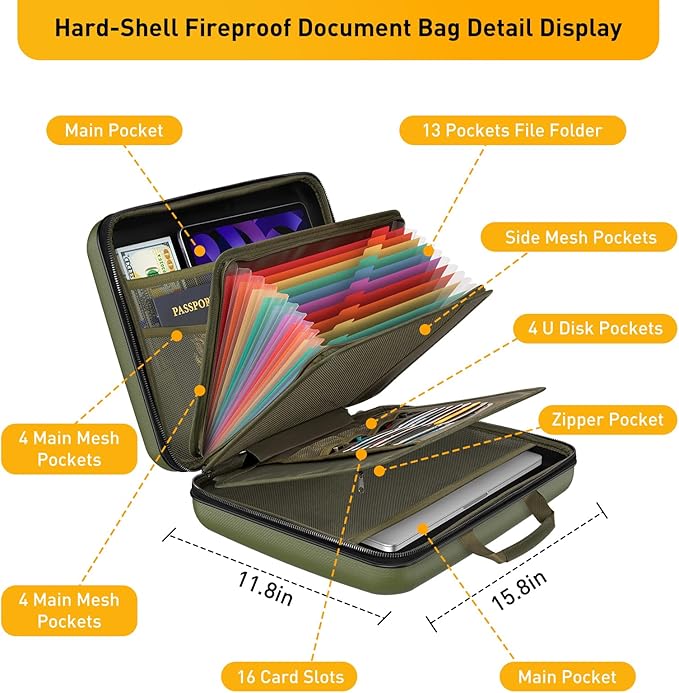 Fireproof Document Organizer with Lock, File Organizer Safe Box Fireproof Waterproof, Hard Shell Fire Proof Document Bag with 13 Pocket Accordion File Folders, Home Storage Office Organization