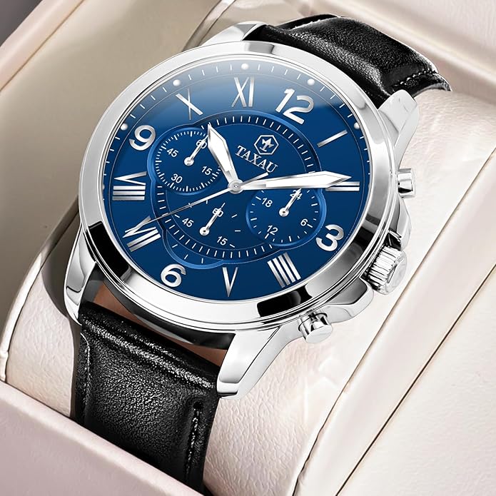 Mens Watches Luxury Dress Waterproof Leather Watch with Date Day Analog Quartz Large Number Wrist Watch Casual Classic Luminous Scales Big Face Easy Read Reloj para Hombre