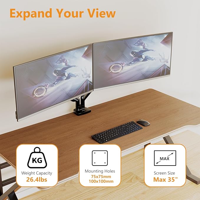 Dual Monitor Mount Heavy Duty Monitor Arm for 2 Ultrawide Computer Monitors Adjustable Dual Monitor Stand Desk Mount Fits Screen up to 35 Inch, 26.4lbs Each,with C Clamp & Grommet Base,Black