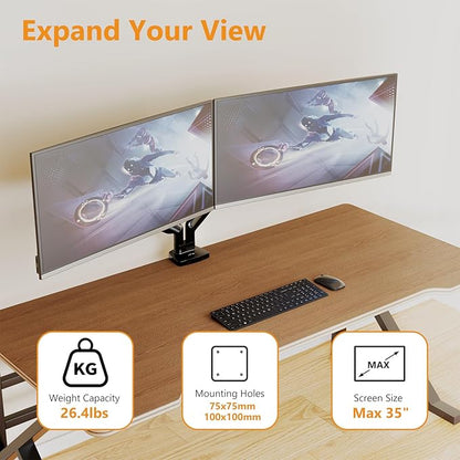 Dual Monitor Mount Heavy Duty Monitor Arm for 2 Ultrawide Computer Monitors Adjustable Dual Monitor Stand Desk Mount Fits Screen up to 35 Inch, 26.4lbs Each,with C Clamp & Grommet Base,Black