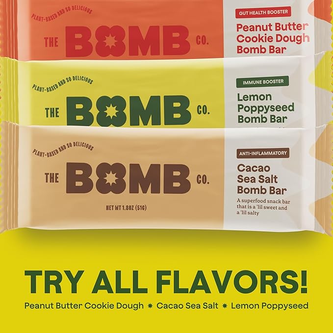 The Bomb Co. Blender Bomb Bar, Lemon Poppyseed, Superfood Snack Bar for the Body’s Natural Defense, Almond Butter, Hemp Seeds, Chia Seeds, Flax Seeds, Lemon Juice Powder, Sea Salt, Aloe Vera, 9 Bars