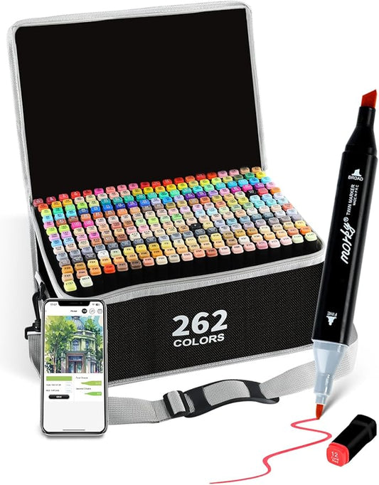 262 Colors Alcohol Markers with Free App, Chisel & Fine Tip Alcohol-Based Marker Set for Adults, Dual Tip Artist Markers for Drawing, Coloring Illustration, Painting and Great Gift Idea