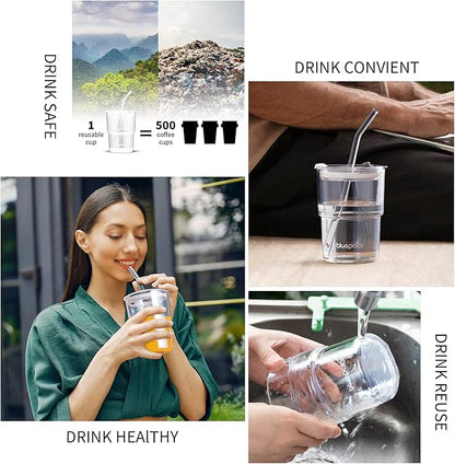 13oz/400ml Glass Water Tumbler with Straw and Lid Sealed Carry On Thick Wall Iced Coffee Cup Glass Cup for Water, Iced Tea Fruit Juice Etc (White-2Pack)