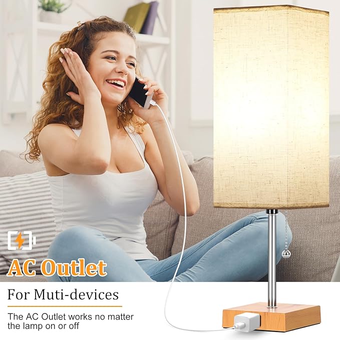 Table Lamp for Bedroom set of 2,3-Color Bedside Lamps with Pull Chain Table Lamps for Nightstand with AC Outlets,18'' Night Light Lamps with 2 Bulbs Lamps for Living Room Kids Room Office Decor（Wood）