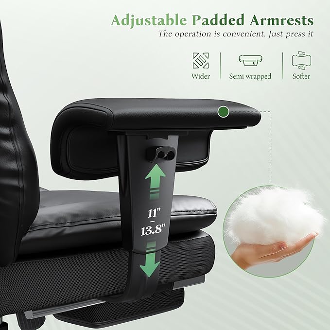 Office Chair with High Back,28.7" Deep Seat,Big and Tall Executive Leather Office Chair with Foot Rest & Arms,Reclining Desk Chair Ergonomic with Lumbar Support for Home Office,Blcak