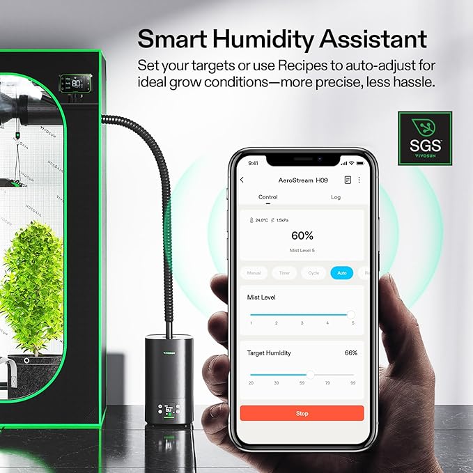 VIVOSUN AeroStream H05 Intelligent Wi-Fi Humidifier, 1.32 Gal / 5 L Humidifier with Temp & Humidity Probe, Smart Remote Control, Designed for Growers (Pack of 2)