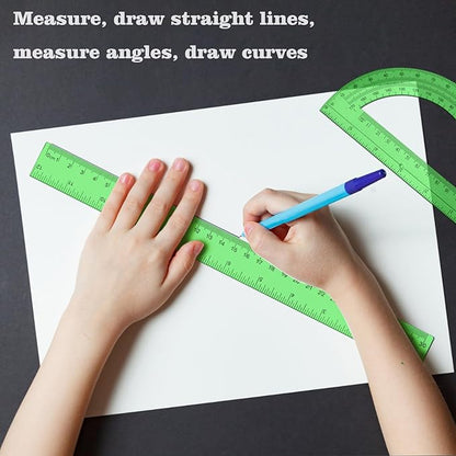 2 Packs 12 Inch Plastic Ruler and 6 Inch Plastic Protractor Set Clear Math Geometry Set Classroom Set Angle Detector School Supplies Classroom Ruler Home Office Drawings (Green)