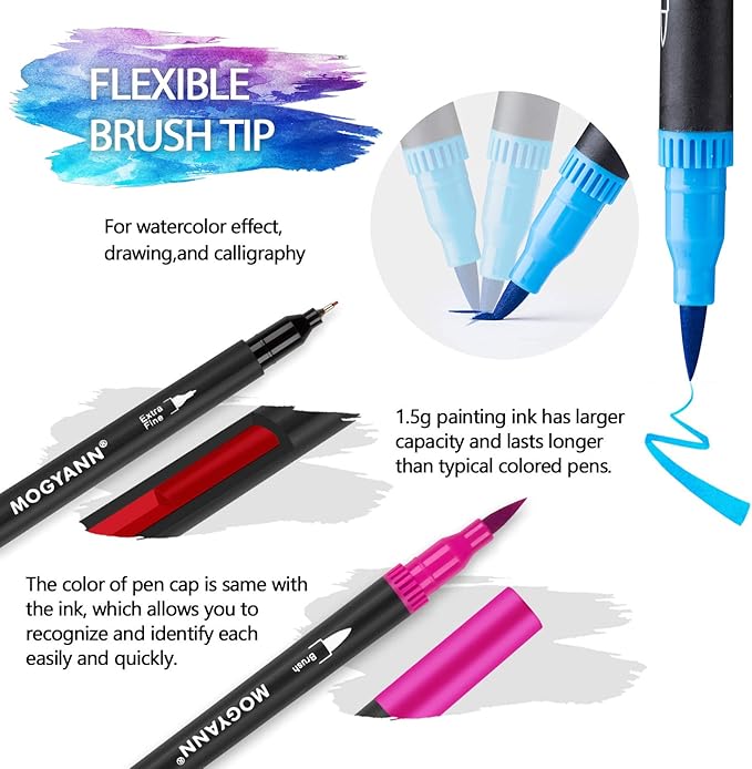 Mogyann Markers for Adult 100 Colors Dual Tip Pens with Fine and Brush Tip for Coloring and Calligraphy Drawing