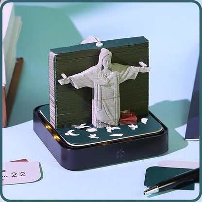 3D Time Piece Calendar 2026 DIY Calendars Tear Away Carving Art 3D Memo Pad Calendar With LED Lights sculpture artsy pads calendar notepad for Desktop Decor-Jesus