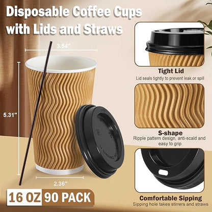 SIUQ 16 oz Coffee Cups-90 Pack Disposable Coffee Cups with Lids and Straws, Insulated Ripple Wall To Go Paper Coffee Cup for Coffee, Juice, Hot Chocolate and Hot Tea Drinks - Champagne