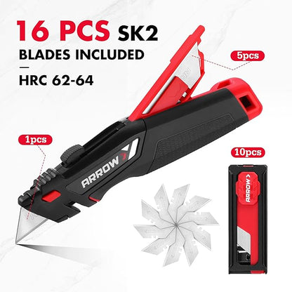 ARROW Retractable Utility Knife, Quick-Change Box Cutter with Blade Storage Design, Twine Cutter, Heavy Duty Aluminum Razor Knife with TPE Comfortable Handle, 15 Extra Blades Included