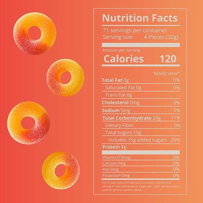 Kervan Candy Bebeto Peach Rings - Fruity, Soft, Sweet & Sour Gummy Candy Bulk for Kids, Gift Snacks and Parties - Peach Gummies Big Party Size Bag (5 lbs)