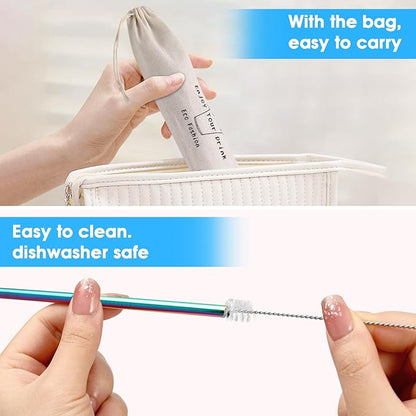 20 Pcs Rainbow Color Reusable Stainless Steel Straws,10.5" & 8.5" Reusable Drinking Straws with 20 Silicone Tips 5 Straw Brushes 1 Travel Case,Eco Friendly Extra Long Metal Straw for 20 30 oz Tumbler