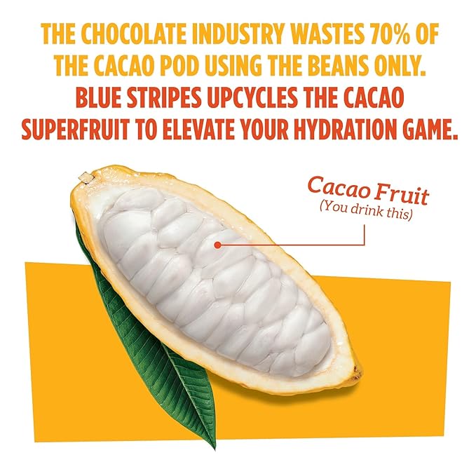 Blue Stripes Cacao Water - Cold Pressed Superfruit Hydration with Electrolytes & Antioxidants, No Sugar Added, All Natural, Great for Protein Shakes & Smoothies - Just Cacao, 6 Pack