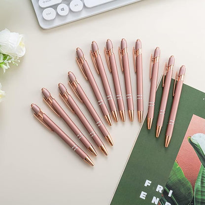 PASISIBICK 12 Pieces Rose Gold Ballpoint Pen with Stylus Tip, 2 in 1 Rose Gold Stylus Pens Stylish Pen, Metal Stylus Pen for Touch Screens, 1.0 mm Black Ink(Pack of 12)