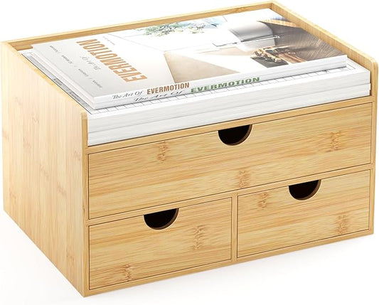 Desk Organizer with Drawers - Bamboo Desktop Organizer Storage | Wood Desk Drawers Organizer for Bills, Office Supplies, Cosmetics, Seals No Assembly Required