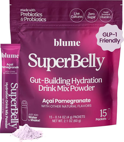 Blume SuperBelly Gut Health and On-The-Go Hydration Packets, GLP-1 Friendly, Sugar-Free, with Prebiotics, Probiotics, Apple Cider Vinegar, Vitamin C, and Electrolytes, Açai Pomegranate, 15 Sticks