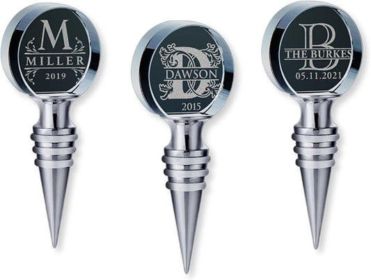 Personalized Crystal Wine Stopper - Custom Engraved Initial, Name & Date - 3D Glass Bottle Stopper with 6 Design Options - Round, Included Gift Box