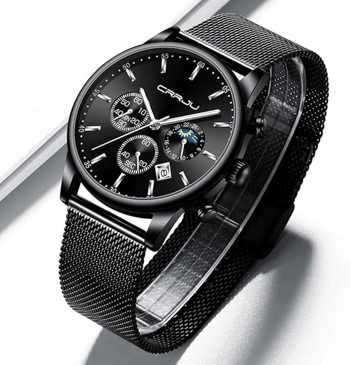 CRRJU Men's Fashion Casual Watches Auto Date Chronograph Watch Men Nice Work Watches Waterproof 30M Full Steel Quartz with Mesh Strap