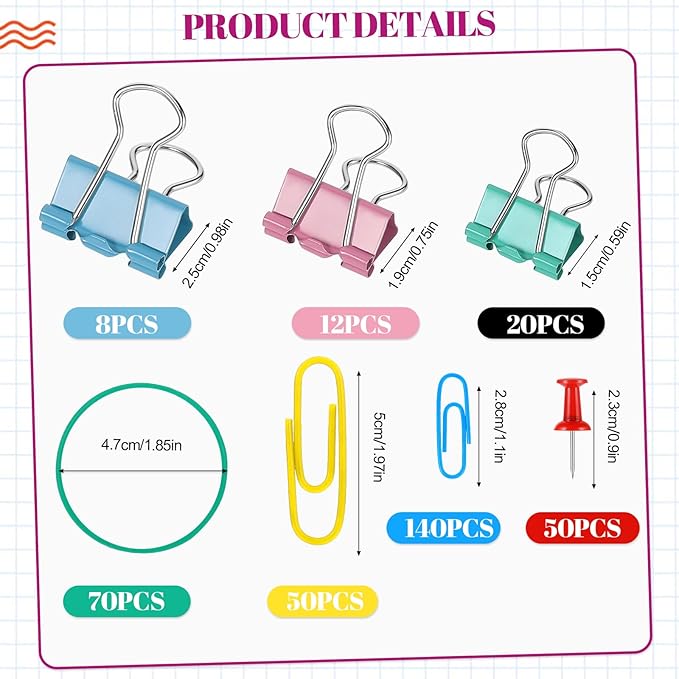 350 Pcs Paper Clips Binder Clips Assorted Sizes, Colored Office Clips Set Paperclips Paper Clamps Rubber Bands Push Pins for Office and School Supplies