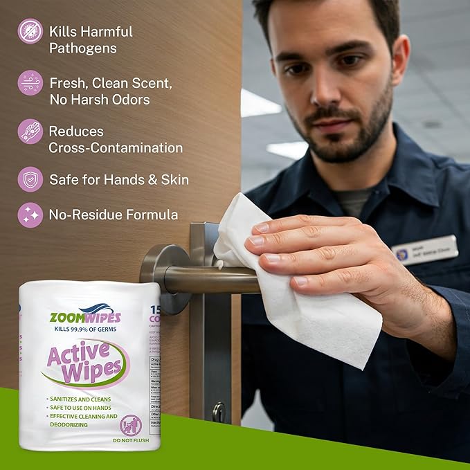 Zoom Active Cleaning Wipes Bulk 6000 Count (4 Rolls of 1500) | Antibacterial Disinfecting Wipes for Hands, Home, Gym, Office & Car | Multi-Purpose, Quick Dry, Fresh Scent, Made in USA, No Bleach