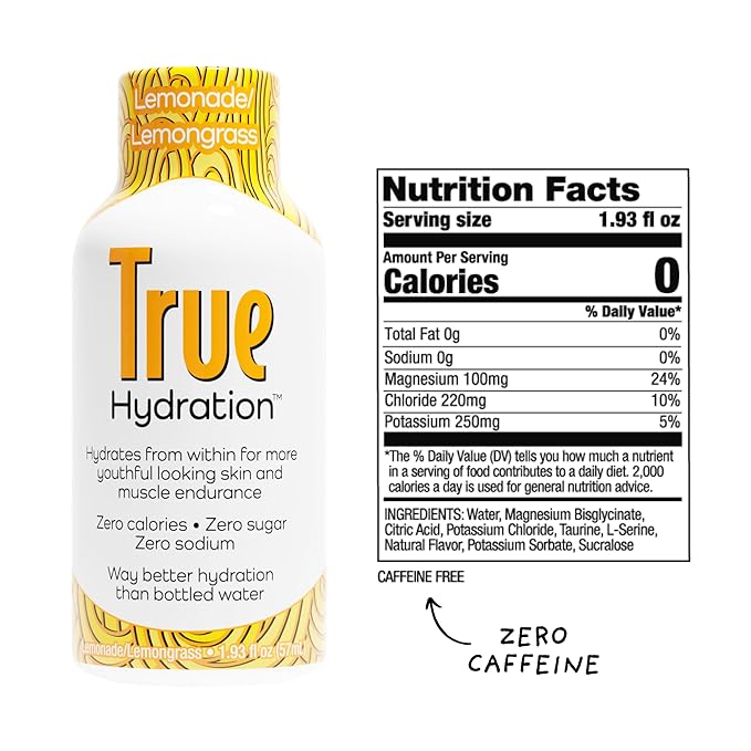True Hydration Shots Lemonade Lemongrass Flavor – 12 Pack of 1.93 fl oz Shots – Electrolytes – Amino Acids – Zero Sugar – Zero Sodium – Vegan – Gluten-Free Hydration