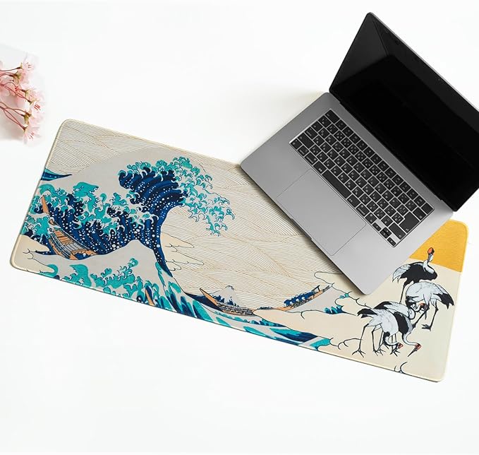 BELLEMOND Japanese Art Desk Mat | Large 31.5x11.8in Desk Pad | Mouse Pad for Keyboard & Mouse | Non-Slip Base, Water-Repellent, Smooth Precision | Waves of Harmony