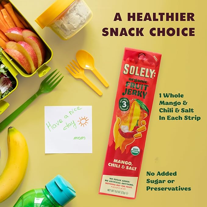 SOLELY - Organic Spicy Mango Chili and Salt Fruit Jerky - 1 Individually Wrapped Fruit Strip - Fruit Leather Made from Dried Fruit - Healthy Snacks for Adults & Kids - Vegan, Non GMO - 0.8oz (23g)