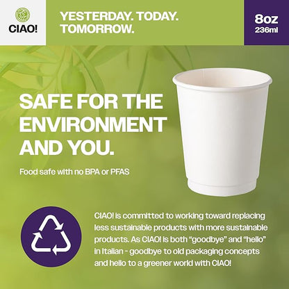 CIAO! 8 oz Insulated Double Wall White Paper Hot Cup, 80mm Diameter, 500 Count