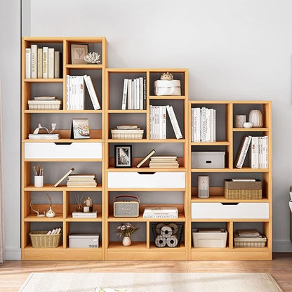 IOTXY Wooden Open Shelf Bookcase - 51" Height Freestanding Display Storage Cabinet Organizer with 7 Cubes and a Drawer, Floor Standing Bookshelf, Yellow