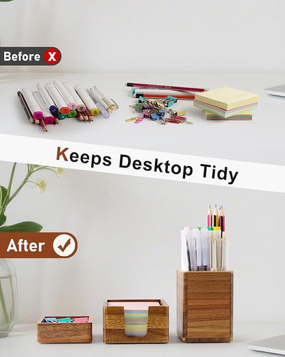 Acacia Wood Desk Organizer Set with Sticky Note Holder, Pencil Pen Cup & Paper Clip Storage, Office Desk Accessories for Marker Craft (Set of 3)
