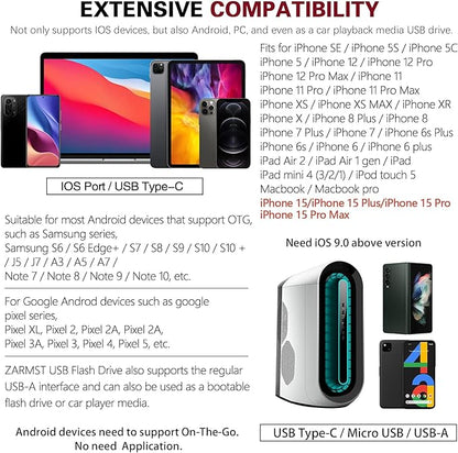 Flash Drive for iPhone 256GB, 4 in 1 USB Type C Memory Stick, Photo Stick External Storage Thumb Drive for iPhone iPad Android Computer, Candy Red