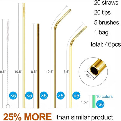20 Pcs Gold Reusable Stainless Steel Straws,10.5" & 8.5" Reusable Drinking Straws with 20 Silicone Tips 5 Straw Brushes 1 Travel Case,Eco Friendly Extra Long Metal Straw for 20 24 30 oz Tumbler