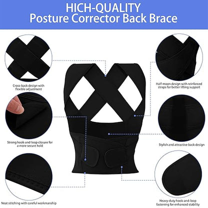 Posture Corrector for Women and Men Plus Size Full Back Support Brace Straightener Scoliosis Spine Upper Back Pain Relief Adjustable Shoulder Instant Posture Corrector with Hunchback Black Large