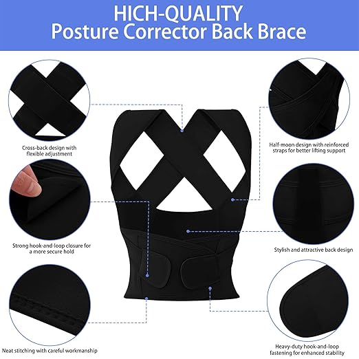 Posture Corrector for Women and Men Plus Size Full Back Support Brace Straightener Scoliosis Spine Upper Back Pain Relief Adjustable Shoulder Instant Posture Corrector with Hunchback Black Medium