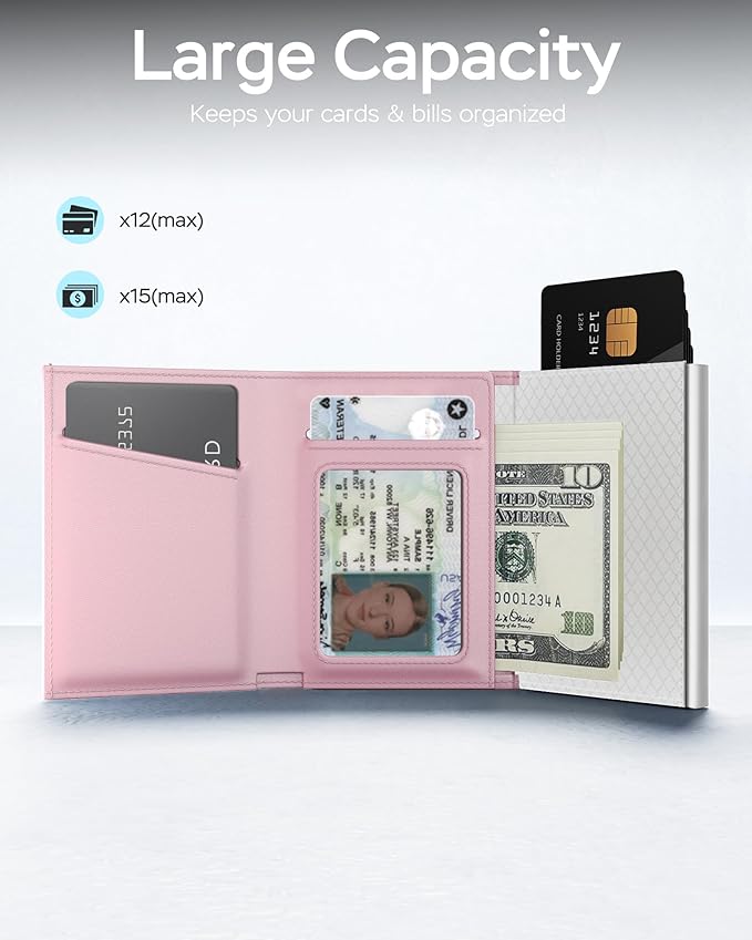 RFID Wallet for Women with AirTag Holder - Slim Small Trifold Wallets Anti-Theft Pop up Card Holder for Air Tag, Front Pocket, Minimalist, Premium Leather, Ultra Thin, ID Window, Cash Slot
