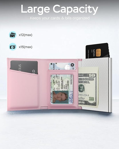 RFID Wallet for Women with AirTag Holder - Slim Small Trifold Wallets Anti-Theft Pop up Card Holder for Air Tag, Front Pocket, Minimalist, Premium Leather, Ultra Thin, ID Window, Cash Slot