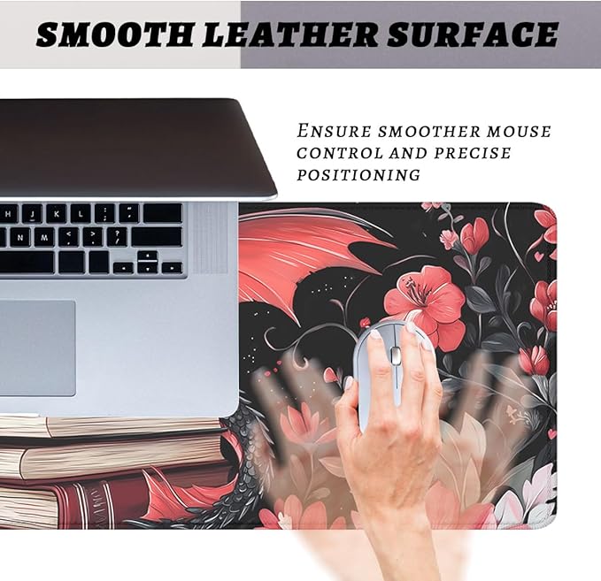Dragon Desk Pad Mouse Pad Cartoon Flowers Fantasy Magical Books Mouse Pad Large Mousepad Extended Laptop Keyboard Mat Gaming Desk Pad Mouse Mat 31.5"x11.8"
