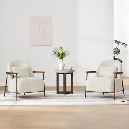 CHITA Accent Chair for Living Room Set of 2, FSC Certified Modern Upholstered Faux Sherpa Fabric Armchair with Metal Frame and Wooden Armrests, Ivory