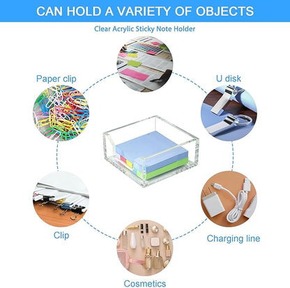 WORHE Sticky Note Holder Clear Acrylic Memo Pad Holders 3.94 x 3.94 for Office Accessories Desk School Home, Crystal Notepad Organizer Post Pop Notes Dispenser for 3"X3" Note Pads 1PCS (BQ200)