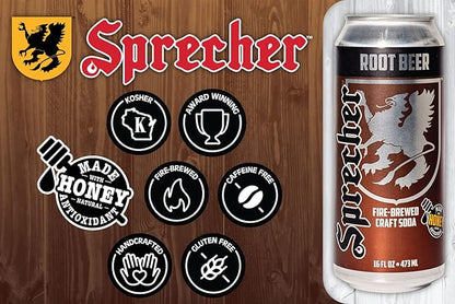 Sprecher Root Beer, Fire-Brewed Gourmet Craft Soda with Real Honey, Caffeine Free, Gluten Free, 16 fl oz Cans (12 Pack)