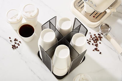 Annova Paper/Plastic Cup and Lid Holder Plastic Storage Organizer, 360°Rotating Coffee Mup Dispenser with 4 Compartments, Multifunctional Storage Rack for Home, Office, Bar, Coffee Shop (Black)