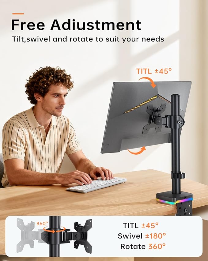 RGB Single Monitor Desk Mount, Monitor Arm with 3 USB Ports, Charging and USB Data Transfer Function, Desk Mount for 13"-27" Monitors up to 17.6lbs, Adjustable Height, Tilt, Swivel, Rotate