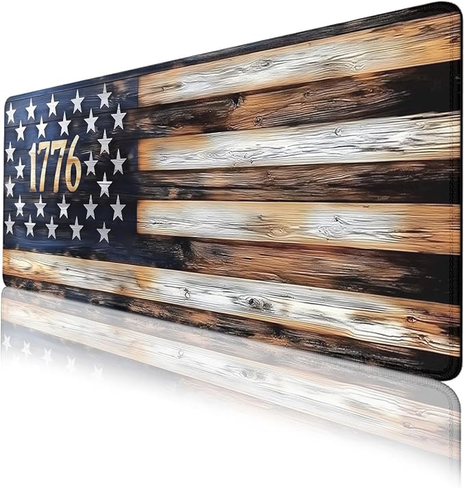American Flag Desk Mat Patriotic Rustic Wood 1776 Rustic Large Gaming Mouse Mat with Stitched Edges,Non-Slip Waterproof Rubber Base Mous Mat 31.5"x11.8"