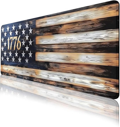 American Flag Desk Mat Patriotic Rustic Wood 1776 Rustic Large Gaming Mouse Mat with Stitched Edges,Non-Slip Waterproof Rubber Base Mous Mat 31.5"x11.8"