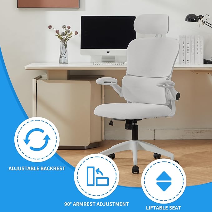 Ergonomic Mesh Office Chair, 400 lbs Capacity, High Back Desk Chair with Adjustable Lumbar Support, 3D Headrest, Flip-Up Armrests, and PU Wheels for Long Workdays and Home Office (White)