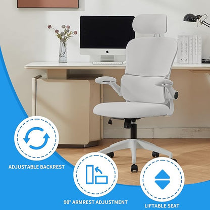 Ergonomic Mesh Office Chair, 400 lbs Capacity, High Back Desk Chair with Adjustable Lumbar Support, 3D Headrest, Flip-Up Armrests, and PU Wheels for Long Workdays and Home Office (White)