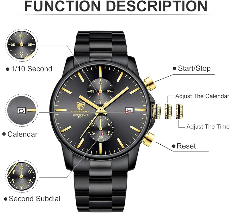 GOLDEN HOUR Fashion Business Mens Watches with Stainless Steel Waterproof Chronograph Quartz Watch for Men, Auto Date