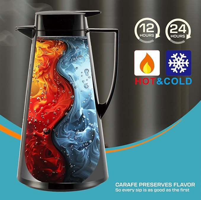 EXCO 1.0L / 34Oz Premium Thermal Coffee Carafe, Glass Lined Insulated for Keeping Hot Liquids, Vacuum Coffee Tea Pot, Large Beverage Drink Container Dispensers, 12 Hour Heat 24 Hour Cold (White)